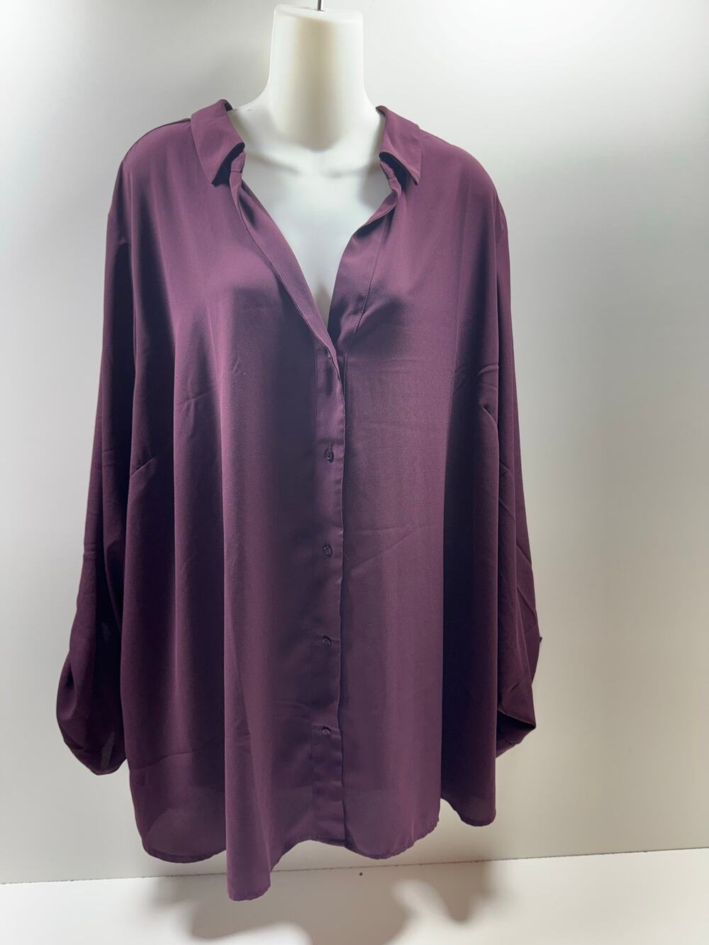 The Limited Women’s Plus Sz Blouse 3Xl Burgundy 3/4 Roll Tab Sleeve V Neck Gauzy